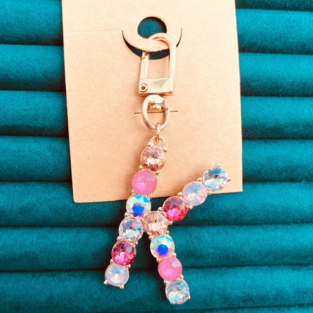 Rhinestone initial Letter “K” Keychain Bag Charm – Pink & Iridescent Crystals